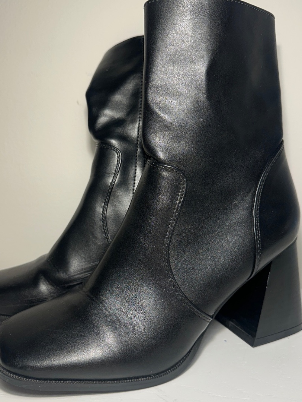 Nastygal Black Faux Leather Block Heel Ankle Boots Women's Size US 7 Square Toe